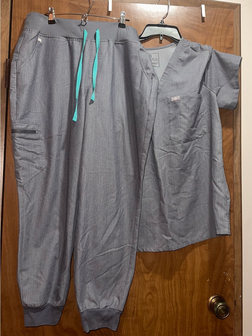 Figs Kids Gray Pajama Set with Teal Drawstring